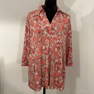 Olian V-Neck 3/4 Sleeve Top Orange And Red Lotus Flower, and paisley design. Siz